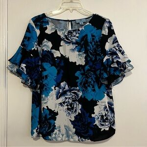 CeCe Floral Ruffle Sleeve Blouse - Blue and Black